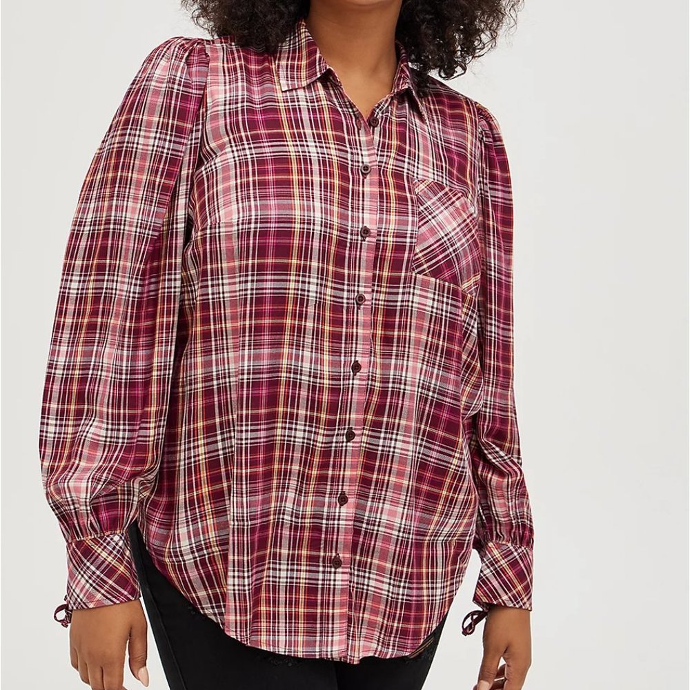 NWT TORRID PUFF SLEEVE SHIRT - TWILL PLAID PURPLE  2 2X